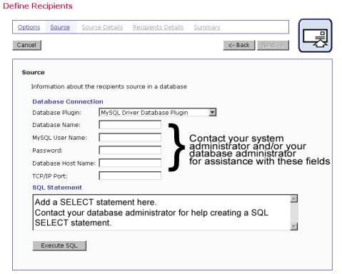 Define recipients from a database