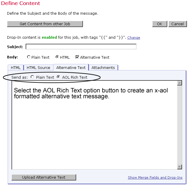 AOL rich text format for alternative text in an HTML message