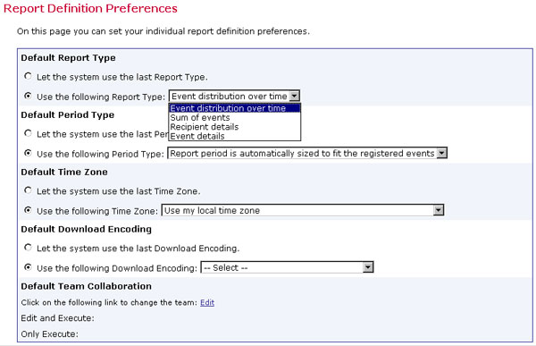 report definition preferences