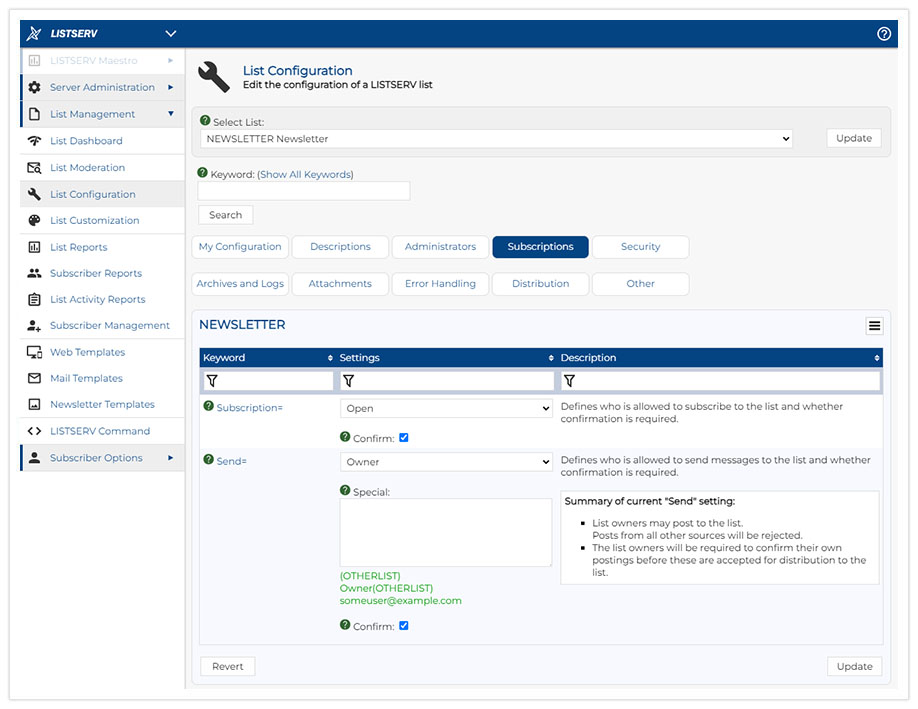 LISTSERV List Configuration LISTSERV List Configuration