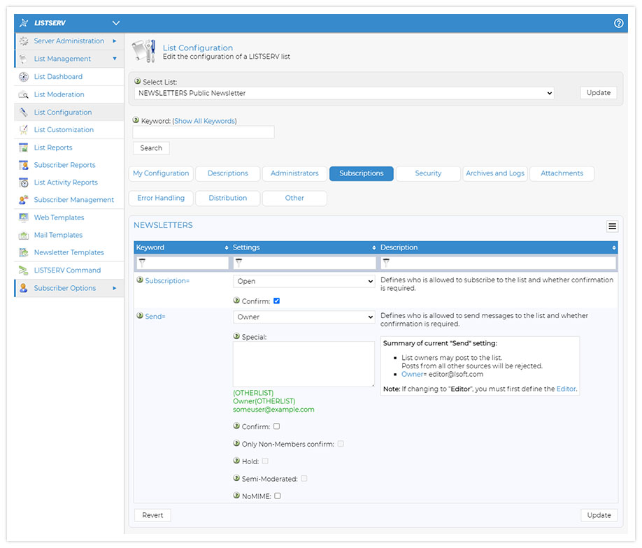 LISTSERV List Configuration LISTSERV List Configuration