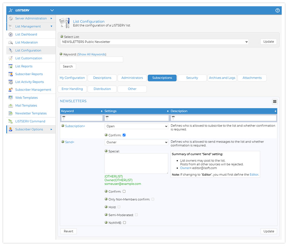LISTSERV List Configuration