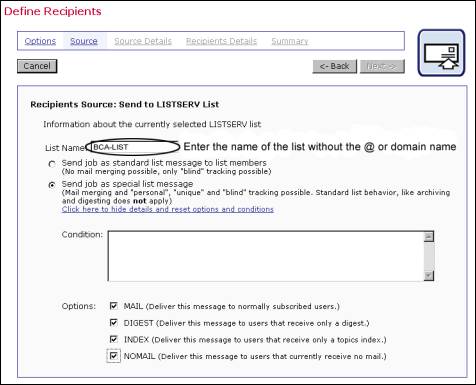 Define recipients from a LISTSERV List