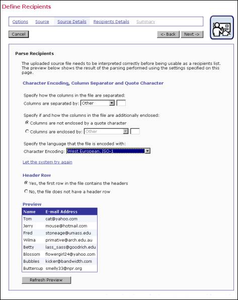 Define recipients source details - Character encoding