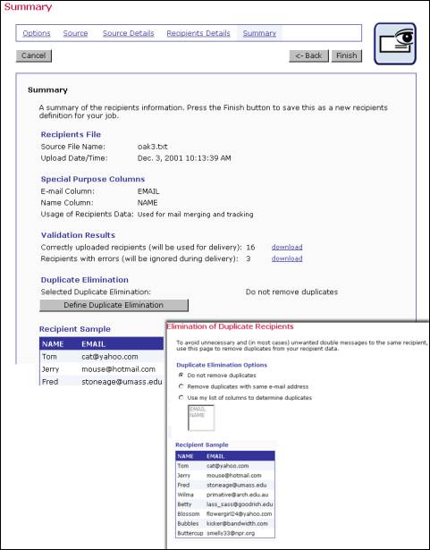 Recipient summary and duplicate elimination