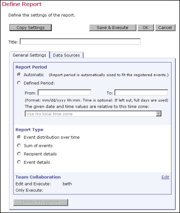 Define report settings screen shot
