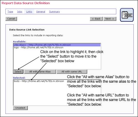 Data source links screen shot