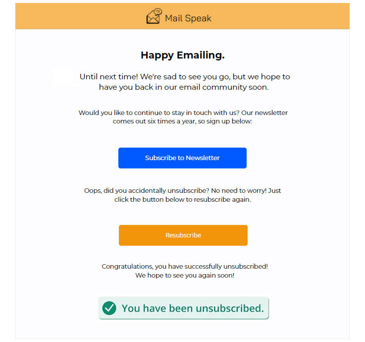 An example of a confirmation email after unsubscribing